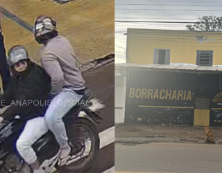 Imagem duas pessoas em uma moto lado imagem fachada borracharia