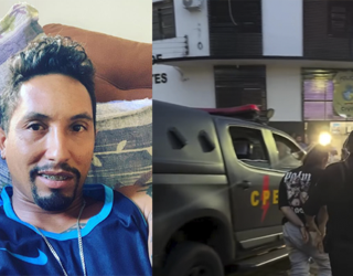 Imagem homem camisa azul ao lado mulher presa pela policia