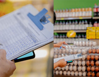 Imagem prancheta e caneta ao lado prateleira com ovos