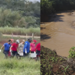 Imagem pessoas carregando caixa com corpo dentro ao lado córrego cheio