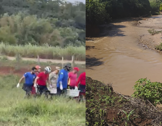 Imagem pessoas carregando caixa com corpo dentro ao lado córrego cheio