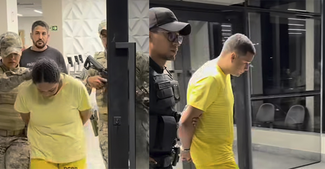 Imagem mulher e homem de amarelo levados por policiais