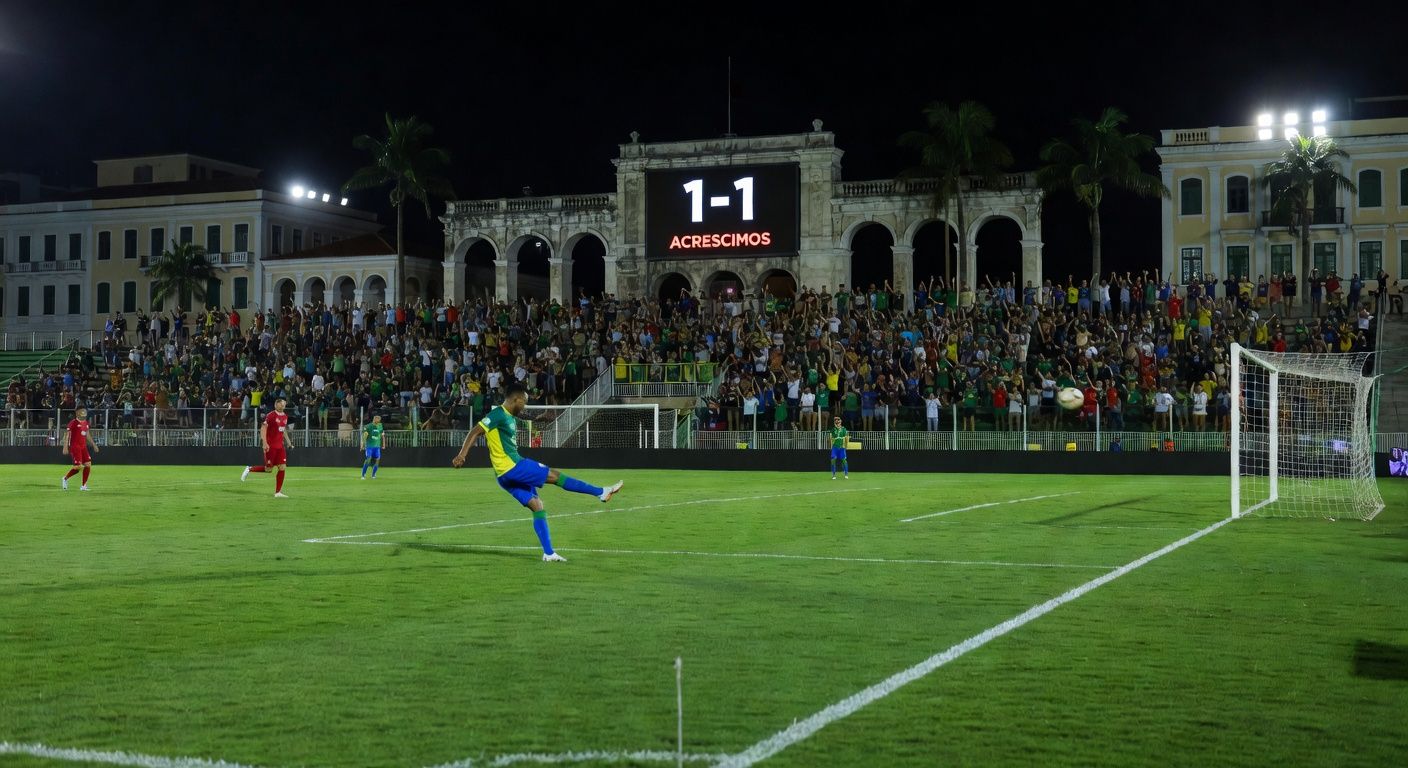 Estádio de futebol no Nordeste brasileiro com placar 1-1 em jogo da Copa do Nordeste entre Vila Nova e Náutico.