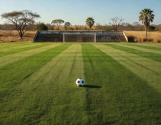 Campo de futebol em estádio no Mato Grosso, com gramado verde e bola, representando estreia na Série D entre Luverdense e Nova Mutum.
