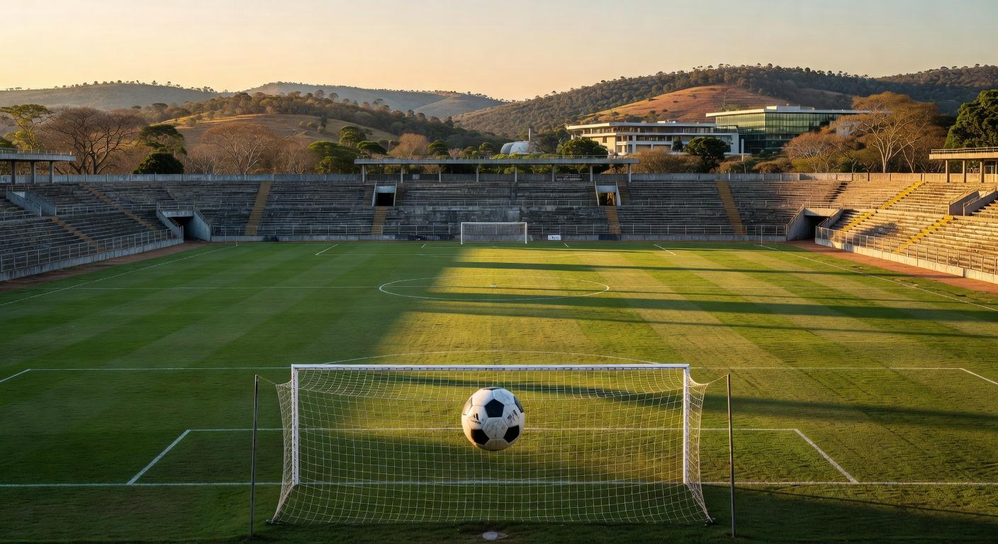 Estádio de futebol em Goiás com bola no gol, representando vitória do Vila Nova por 2 a 0 sobre o Goiás no Campeonato Goiano.