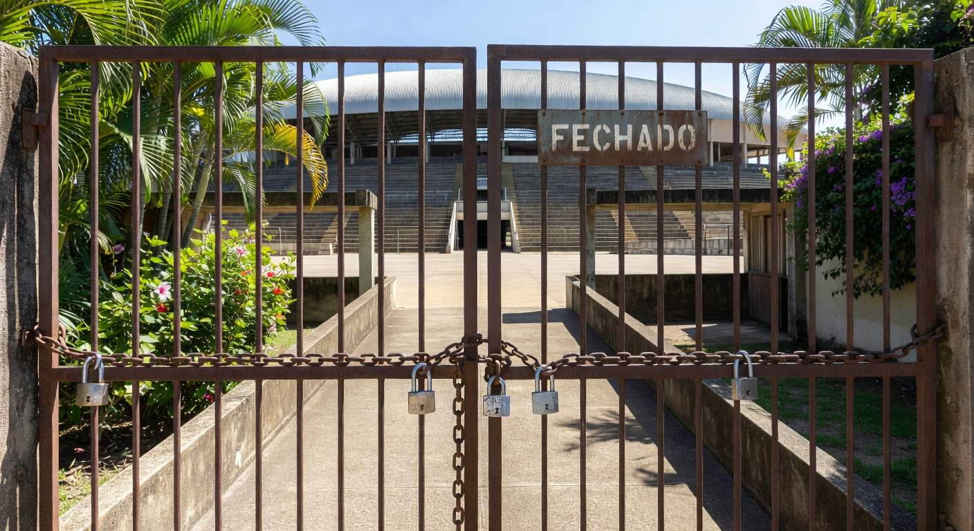 Estádio de futebol vazio em Goiânia com portões fechados, representando punição da Fifa ao Atlético-GO por dívida.