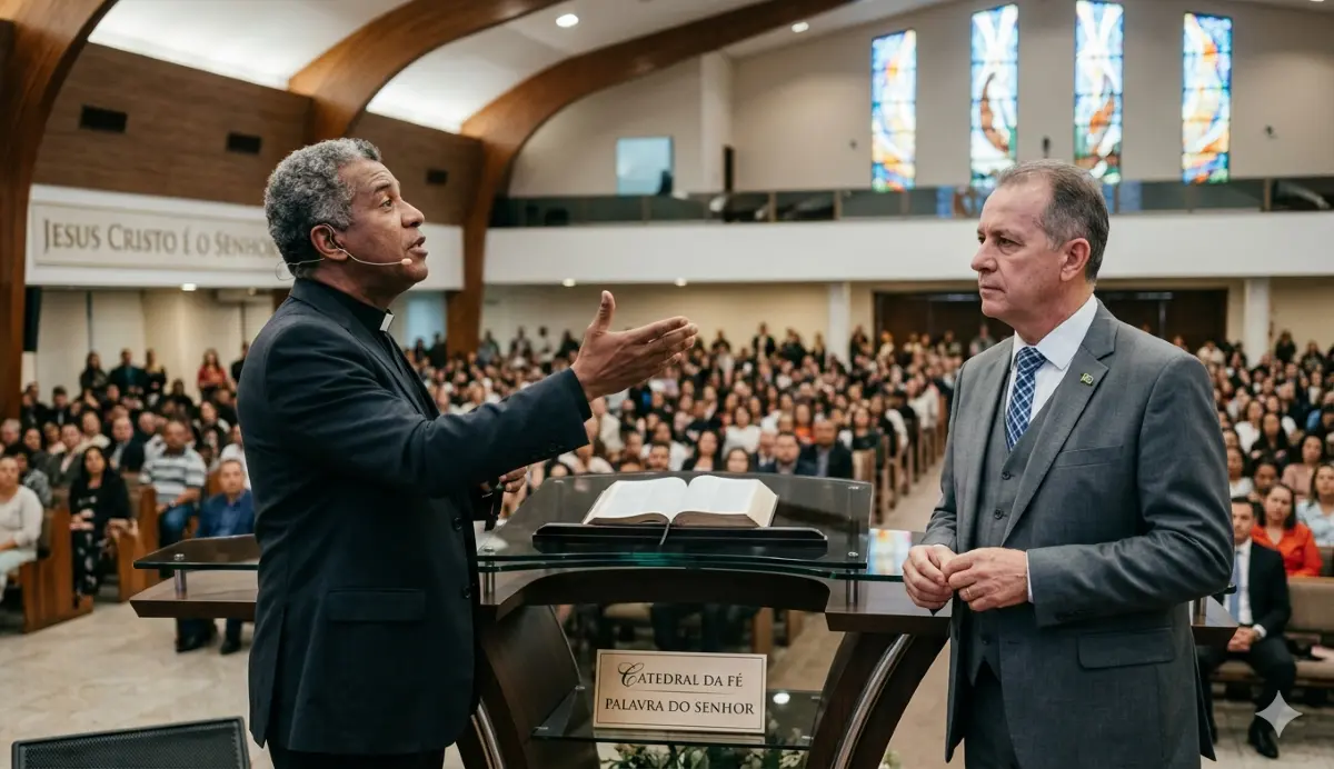 Pesquisa mostra insatisfação de fieis com pastores que cedem púlpito a políticos - Imagem gerada por IA