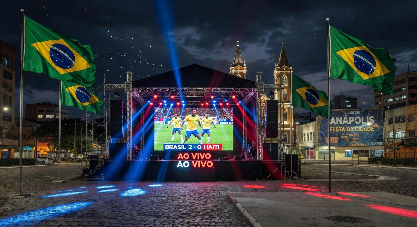 Imagem telão em um palco com jogo de futebol