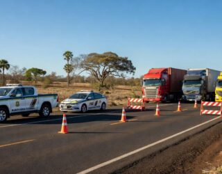 Operação de fiscalização autua veículos por irregularidades no transporte no Daia, Anápolis, com viaturas policiais e caminhões parados.