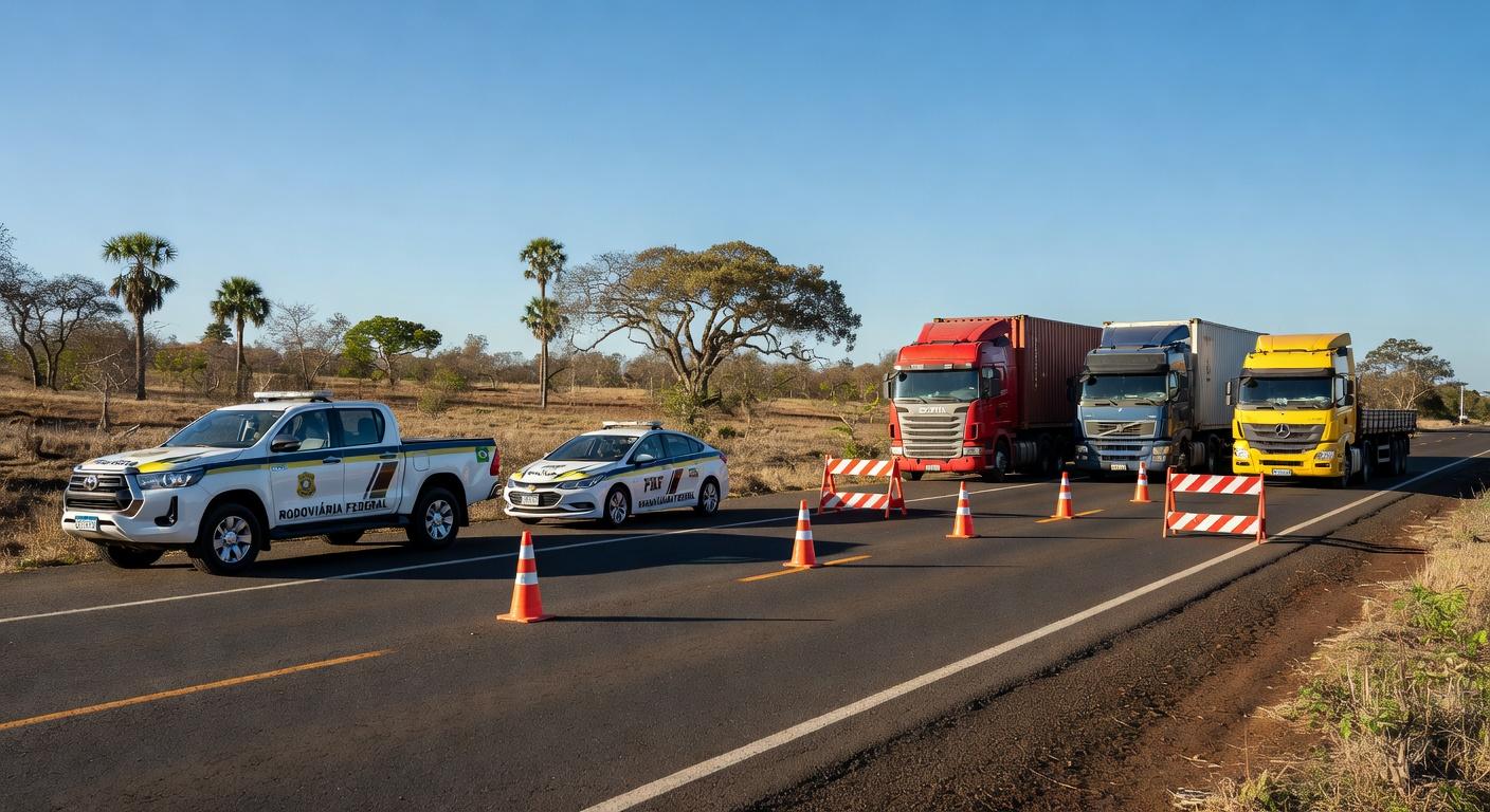 Operação de fiscalização autua veículos por irregularidades no transporte no Daia, Anápolis, com viaturas policiais e caminhões parados.