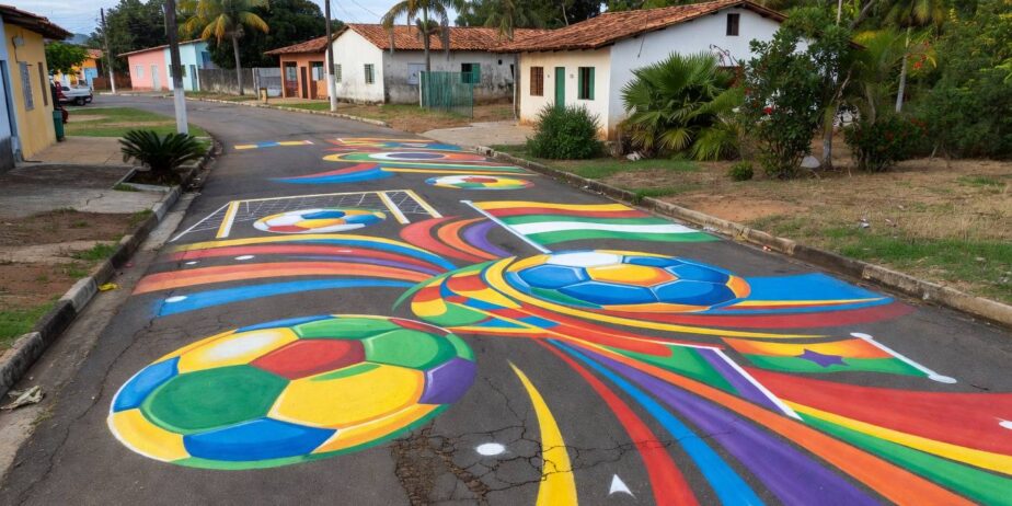 Alunos de Anápolis pintam rua com símbolos da Copa do Mundo 2026