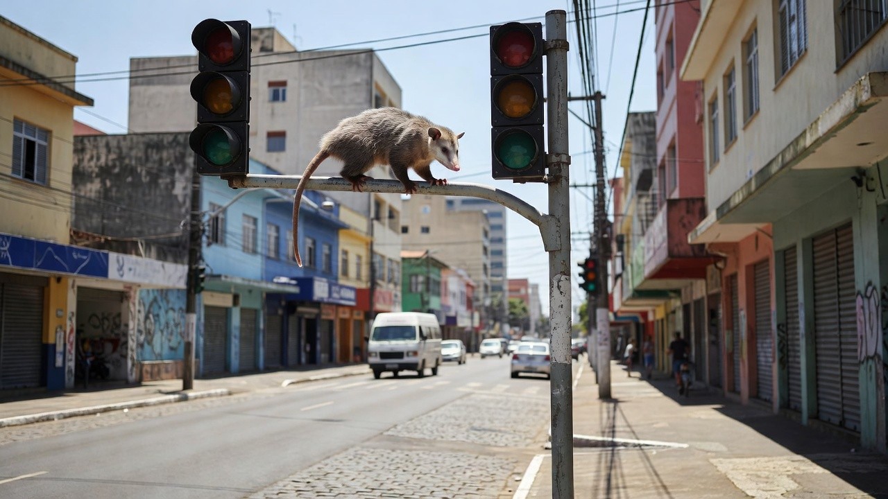 Gambá foi flagrado sobre uma placa de trânsito na Avenida Engenheiro Portela, no Centro de Anápolis. (Foto: Reprodução/Instagram @erikasoares_8)