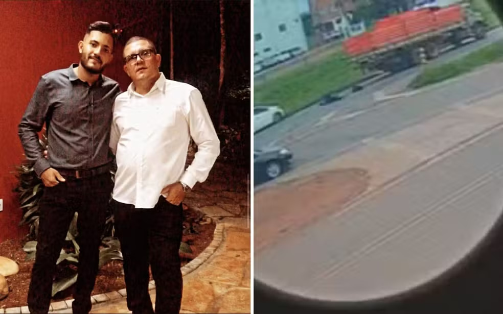 Imagem dois homens abraçados ao lado rodovia com acidente