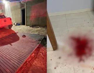 Imagem desfocada caro na garagem e poça de sangue