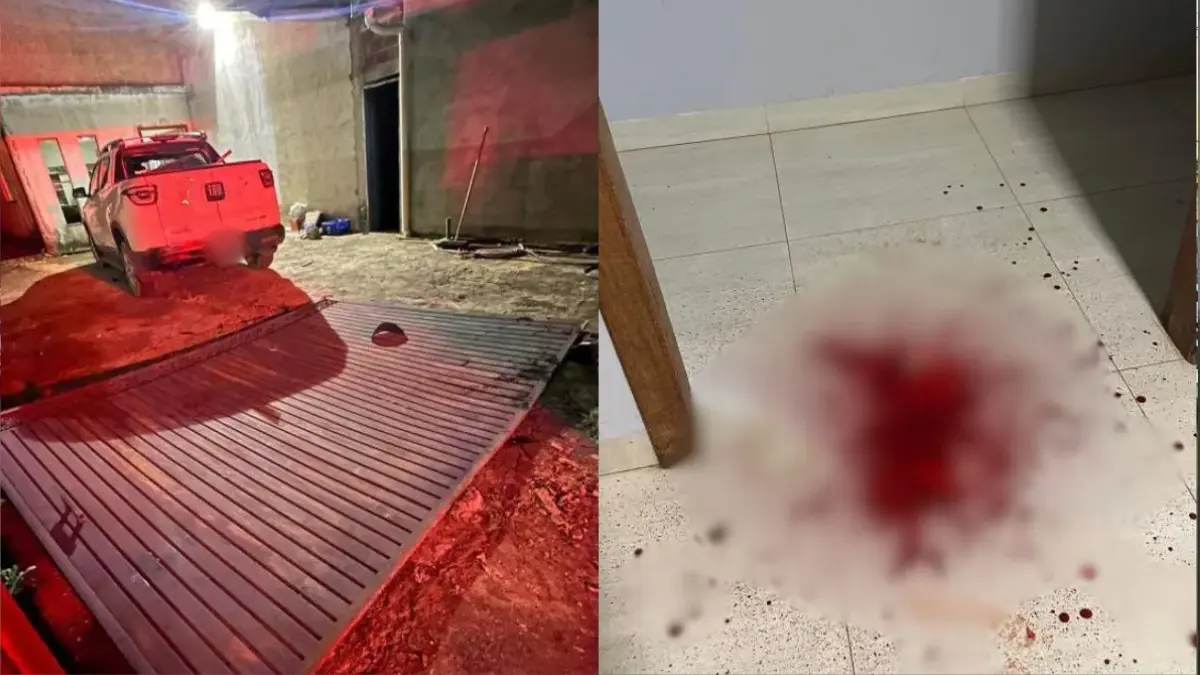 Imagem desfocada caro na garagem e poça de sangue