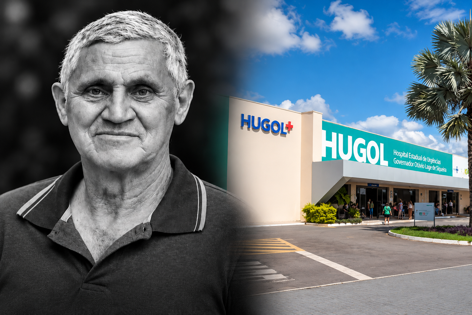 Imagem do senhor José em preto e branco e ao lado a fachada do Hugol.