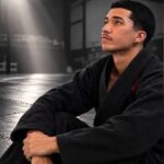 Imagem de um jovem usando kimono preto, olhando para cima, sentado no chão.