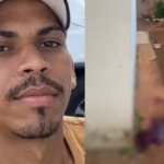 Imagem de um homem de boné branco e camiseta amarela. Ao lado tem uma imagem um pouco borrada da cena de onde o crime aconteceu.