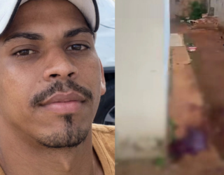 Imagem de um homem de boné branco e camiseta amarela. Ao lado tem uma imagem um pouco borrada da cena de onde o crime aconteceu.