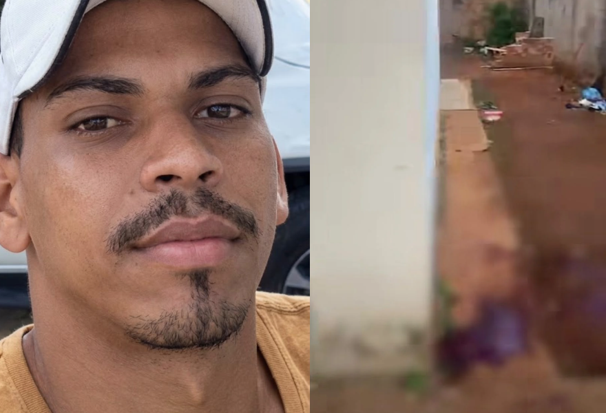 Imagem de um homem de boné branco e camiseta amarela. Ao lado tem uma imagem um pouco borrada da cena de onde o crime aconteceu.
