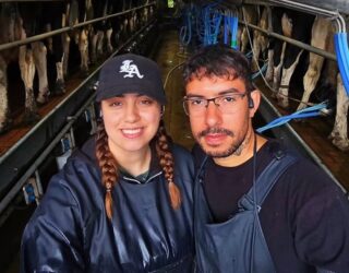 Imagem de um casal, a moça usa tranças no cabelo, boné, roupa preta e avental. O homem está de óculos de grau, roupa preta e avental. Ao fundo o local de trabalho com inúmeras vacas leiteiras.