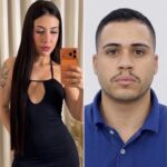 Imagem de uma mulher vestindo vestido preto com decote, celular laranja na mão, cabelos soltos lisos e cumpridos. Ao lado um rapaz, com camiseta gola polo azul escuro, olhando para a foto fixamente.