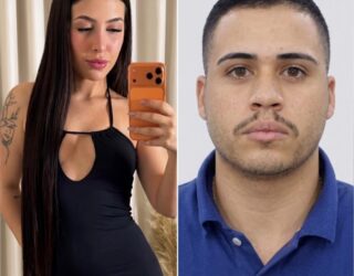 Imagem de uma mulher vestindo vestido preto com decote, celular laranja na mão, cabelos soltos lisos e cumpridos. Ao lado um rapaz, com camiseta gola polo azul escuro, olhando para a foto fixamente.