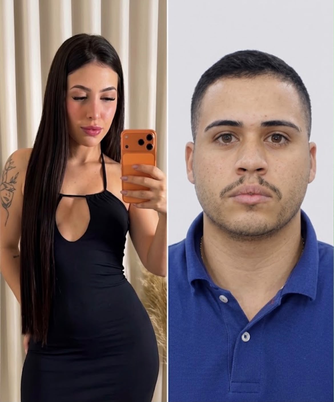 Imagem de uma mulher vestindo vestido preto com decote, celular laranja na mão, cabelos soltos lisos e cumpridos. Ao lado um rapaz, com camiseta gola polo azul escuro, olhando para a foto fixamente.