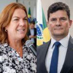 Imagem de Sérgio Moro, usando terno e gravata. Ao lado Fátima Gavioli, ruiva, olhos claros e uma camisa estampada em preto, cinza e branco, com um microfone na mão.