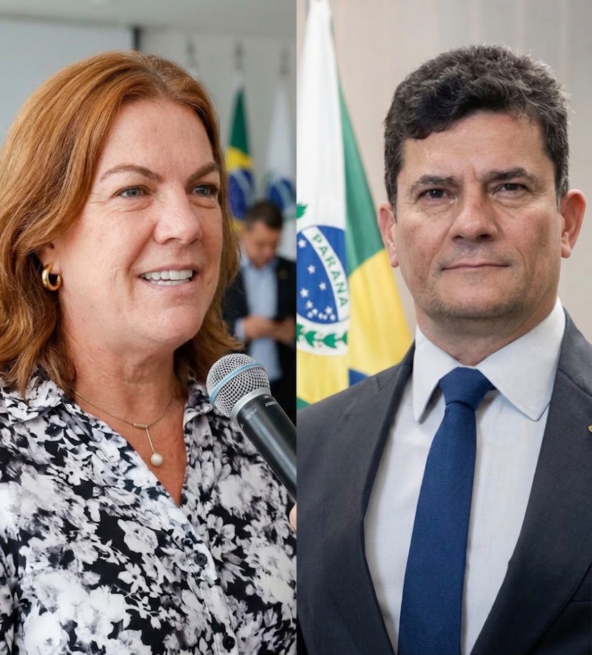 Imagem de Sérgio Moro, usando terno e gravata. Ao lado Fátima Gavioli, ruiva, olhos claros e uma camisa estampada em preto, cinza e branco, com um microfone na mão.